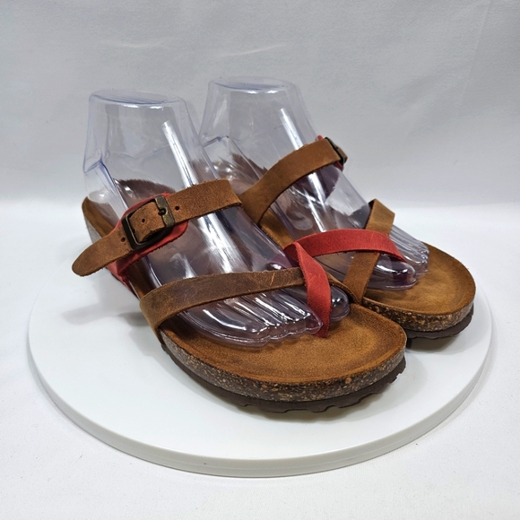 Marina Luna Comfort Thong Strappy Sandals Brown Red Size 39 Leather Buckle Wedge - Picture 1 of 13